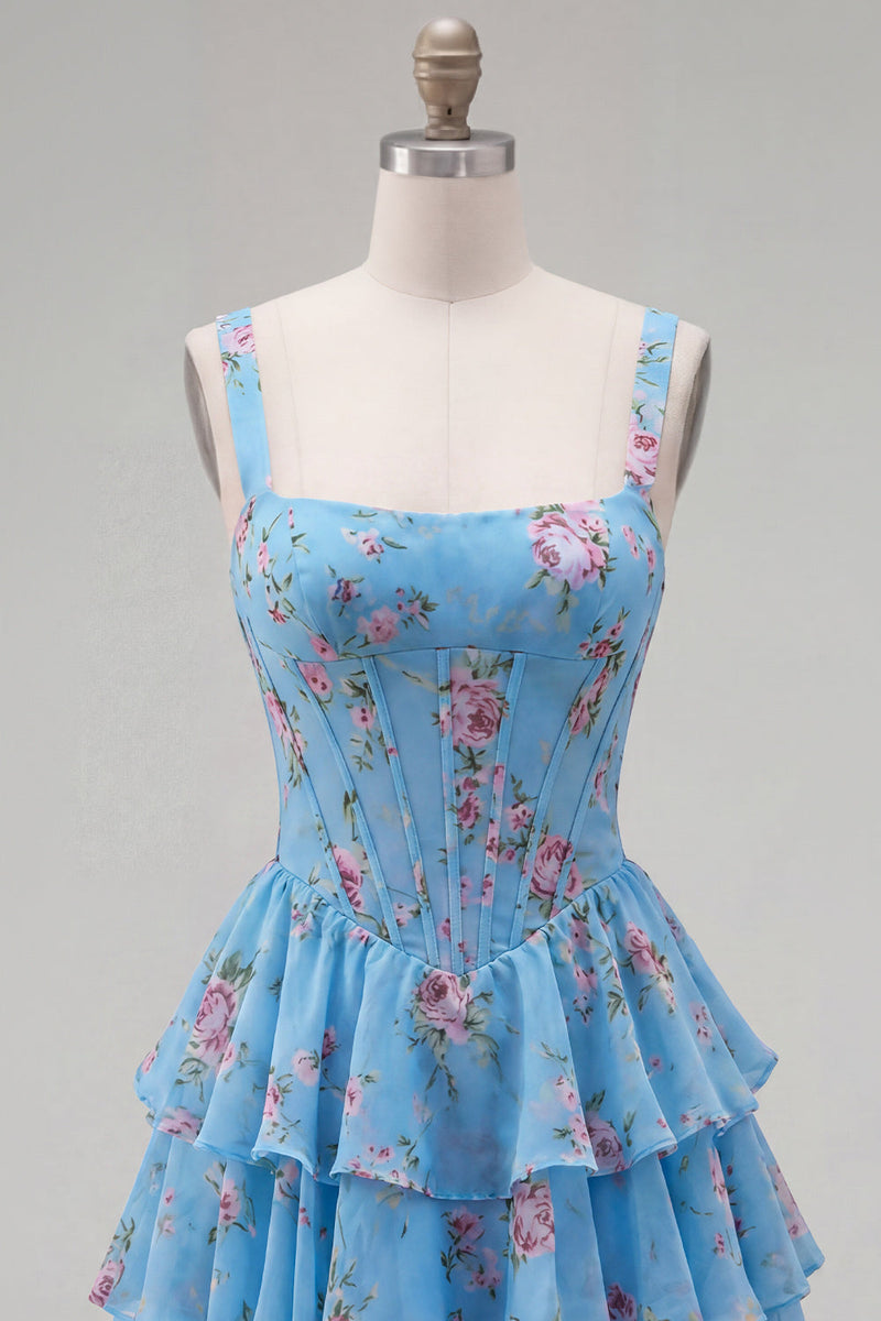 Laden Sie das Bild in den Galerie-Viewer, Blaues Chiffon-Korsett, gestuftes Blumen-A-Linien-Kurzhals-Heimkehrkleid mit quadratem Ausschnitt