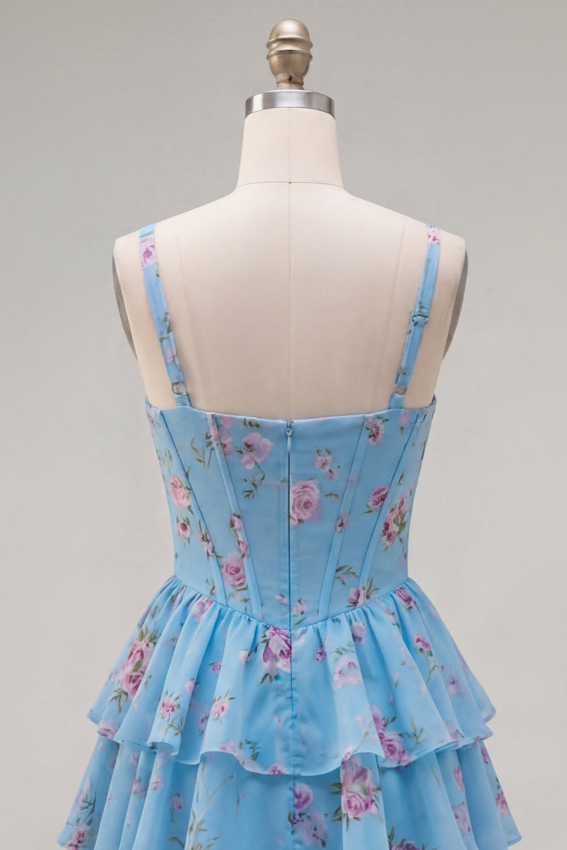 Laden Sie das Bild in den Galerie-Viewer, Blaues Chiffon-Korsett, gestuftes Blumen-A-Linien-Kurzhals-Heimkehrkleid mit quadratem Ausschnitt
