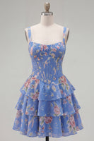Laden Sie das Bild in den Galerie-Viewer, Blaues Chiffon-Korsett, gestuftes Blumen-A-Linien-Kurzhals-Heimkehrkleid mit quadratem Ausschnitt