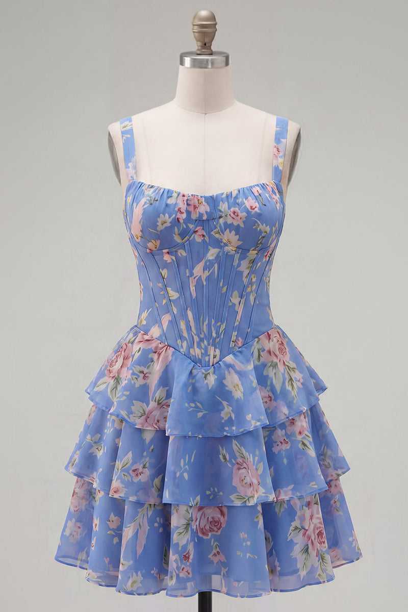 Laden Sie das Bild in den Galerie-Viewer, Blaues Chiffon-Korsett, gestuftes Blumen-A-Linien-Kurzhals-Heimkehrkleid mit quadratem Ausschnitt
