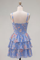 Laden Sie das Bild in den Galerie-Viewer, Blaues Chiffon-Korsett, gestuftes Blumen-A-Linien-Kurzhals-Heimkehrkleid mit quadratem Ausschnitt