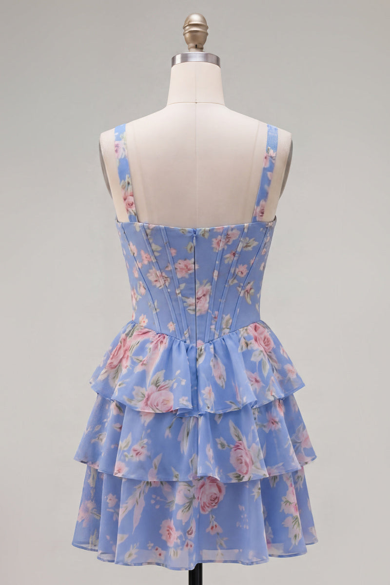Laden Sie das Bild in den Galerie-Viewer, Blaues Chiffon-Korsett, gestuftes Blumen-A-Linien-Kurzhals-Heimkehrkleid mit quadratem Ausschnitt