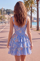 Laden Sie das Bild in den Galerie-Viewer, Blaues Chiffon-Korsett, gestuftes Blumen-A-Linien-Kurzhals-Heimkehrkleid mit quadratem Ausschnitt