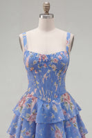 Laden Sie das Bild in den Galerie-Viewer, Blaues Chiffon-Korsett, gestuftes Blumen-A-Linien-Kurzhals-Heimkehrkleid mit quadratem Ausschnitt