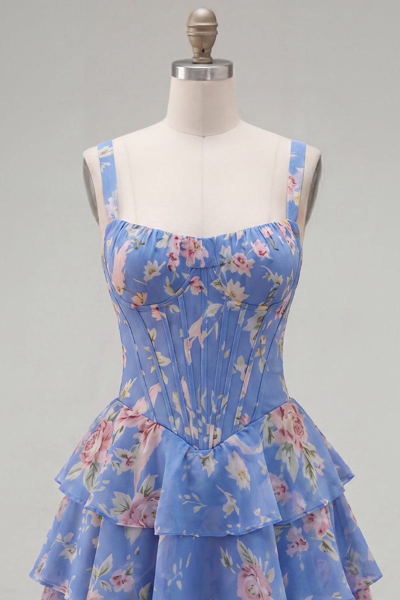 Laden Sie das Bild in den Galerie-Viewer, Blaues Chiffon-Korsett, gestuftes Blumen-A-Linien-Kurzhals-Heimkehrkleid mit quadratem Ausschnitt