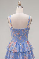 Laden Sie das Bild in den Galerie-Viewer, Blaues Chiffon-Korsett, gestuftes Blumen-A-Linien-Kurzhals-Heimkehrkleid mit quadratem Ausschnitt