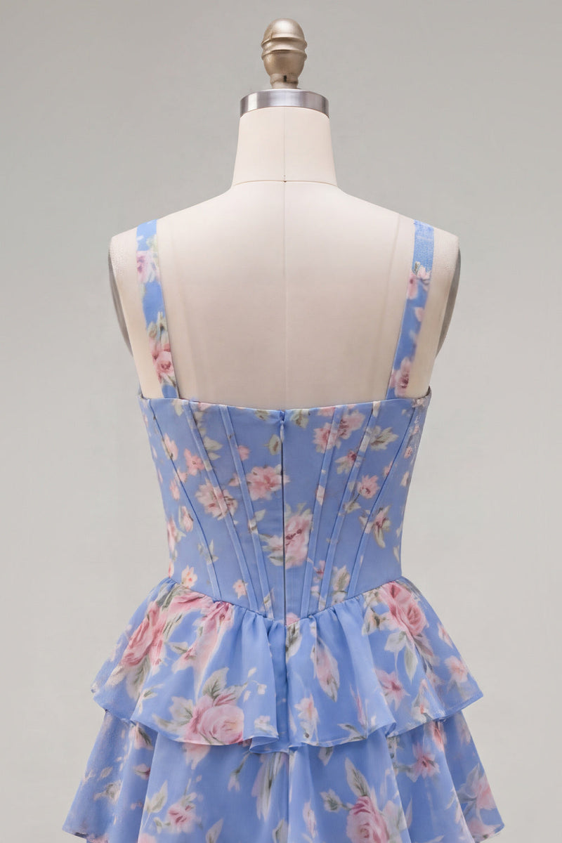 Laden Sie das Bild in den Galerie-Viewer, Blaues Chiffon-Korsett, gestuftes Blumen-A-Linien-Kurzhals-Heimkehrkleid mit quadratem Ausschnitt