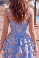 Laden Sie das Bild in den Galerie-Viewer, Blaues Chiffon-Korsett, gestuftes Blumen-A-Linien-Kurzhals-Heimkehrkleid mit quadratem Ausschnitt