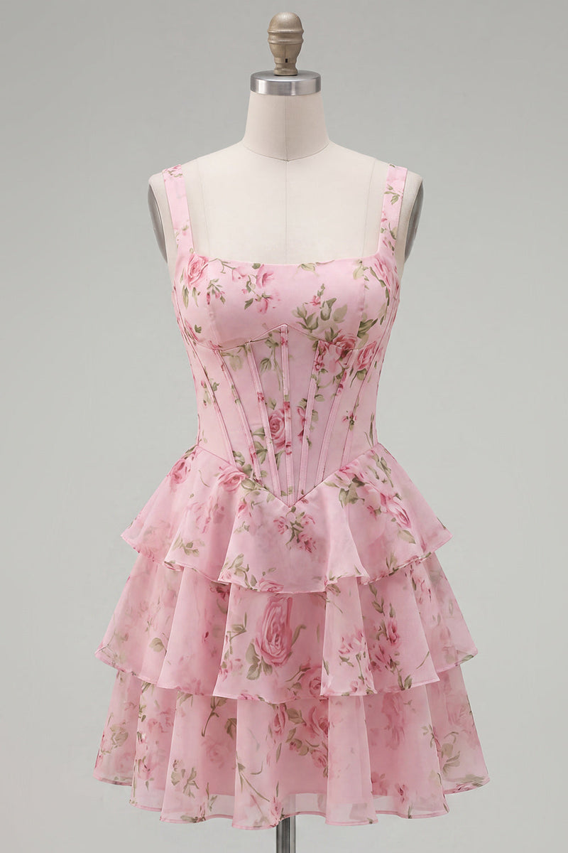 Laden Sie das Bild in den Galerie-Viewer, Blaues Chiffon-Korsett, gestuftes Blumen-A-Linien-Kurzhals-Heimkehrkleid mit quadratem Ausschnitt