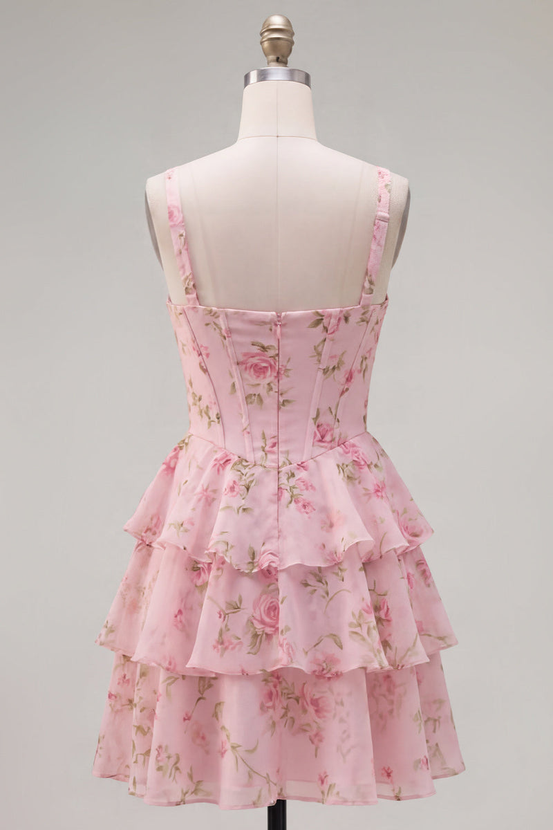 Laden Sie das Bild in den Galerie-Viewer, Blaues Chiffon-Korsett, gestuftes Blumen-A-Linien-Kurzhals-Heimkehrkleid mit quadratem Ausschnitt