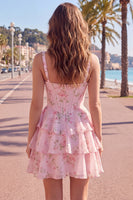 Laden Sie das Bild in den Galerie-Viewer, Blaues Chiffon-Korsett, gestuftes Blumen-A-Linien-Kurzhals-Heimkehrkleid mit quadratem Ausschnitt