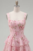 Laden Sie das Bild in den Galerie-Viewer, Blaues Chiffon-Korsett, gestuftes Blumen-A-Linien-Kurzhals-Heimkehrkleid mit quadratem Ausschnitt