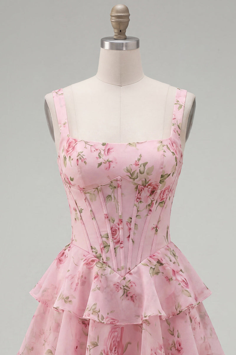 Laden Sie das Bild in den Galerie-Viewer, Blaues Chiffon-Korsett, gestuftes Blumen-A-Linien-Kurzhals-Heimkehrkleid mit quadratem Ausschnitt