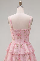 Laden Sie das Bild in den Galerie-Viewer, Blaues Chiffon-Korsett, gestuftes Blumen-A-Linien-Kurzhals-Heimkehrkleid mit quadratem Ausschnitt
