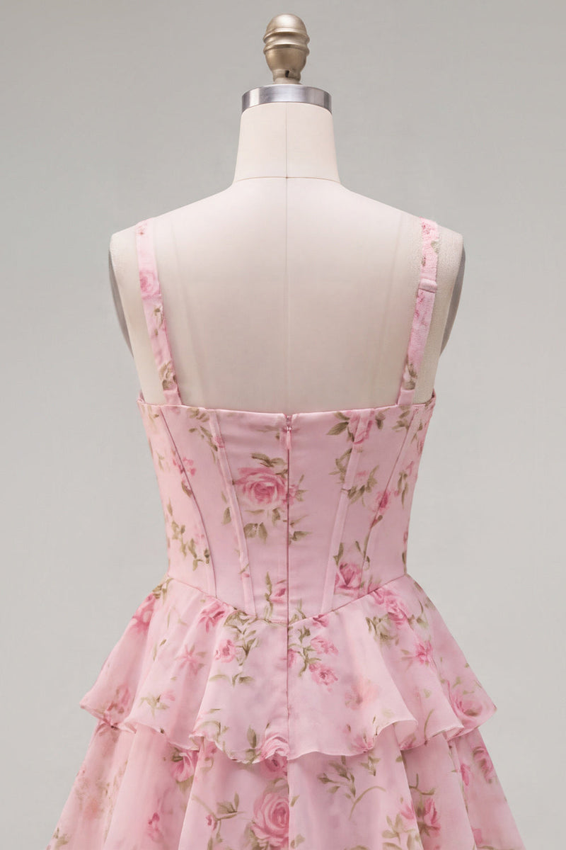 Laden Sie das Bild in den Galerie-Viewer, Blaues Chiffon-Korsett, gestuftes Blumen-A-Linien-Kurzhals-Heimkehrkleid mit quadratem Ausschnitt