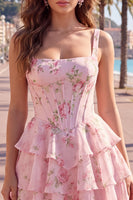 Laden Sie das Bild in den Galerie-Viewer, Blaues Chiffon-Korsett, gestuftes Blumen-A-Linien-Kurzhals-Heimkehrkleid mit quadratem Ausschnitt