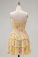Laden Sie das Bild in den Galerie-Viewer, Blaues Chiffon-Korsett, gestuftes Blumen-A-Linien-Kurzhals-Heimkehrkleid mit quadratem Ausschnitt
