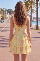 Laden Sie das Bild in den Galerie-Viewer, Blaues Chiffon-Korsett, gestuftes Blumen-A-Linien-Kurzhals-Heimkehrkleid mit quadratem Ausschnitt