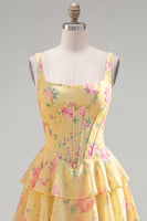 Laden Sie das Bild in den Galerie-Viewer, Blaues Chiffon-Korsett, gestuftes Blumen-A-Linien-Kurzhals-Heimkehrkleid mit quadratem Ausschnitt