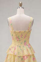 Laden Sie das Bild in den Galerie-Viewer, Blaues Chiffon-Korsett, gestuftes Blumen-A-Linien-Kurzhals-Heimkehrkleid mit quadratem Ausschnitt