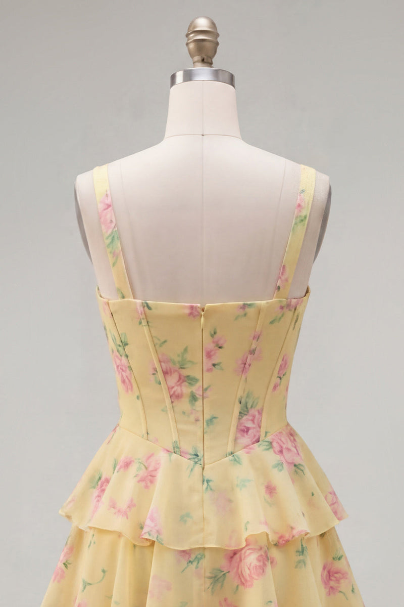 Laden Sie das Bild in den Galerie-Viewer, Blaues Chiffon-Korsett, gestuftes Blumen-A-Linien-Kurzhals-Heimkehrkleid mit quadratem Ausschnitt