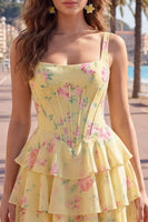 Laden Sie das Bild in den Galerie-Viewer, Blaues Chiffon-Korsett, gestuftes Blumen-A-Linien-Kurzhals-Heimkehrkleid mit quadratem Ausschnitt