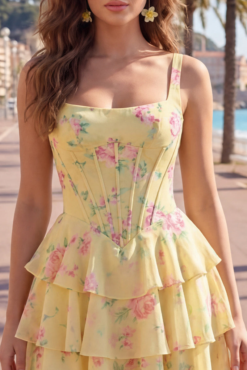Laden Sie das Bild in den Galerie-Viewer, Blaues Chiffon-Korsett, gestuftes Blumen-A-Linien-Kurzhals-Heimkehrkleid mit quadratem Ausschnitt