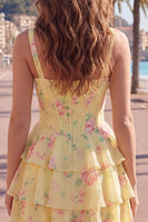 Laden Sie das Bild in den Galerie-Viewer, Blaues Chiffon-Korsett, gestuftes Blumen-A-Linien-Kurzhals-Heimkehrkleid mit quadratem Ausschnitt