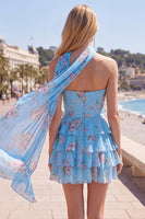 Laden Sie das Bild in den Galerie-Viewer, Gelbes, trägerloses, gestuftes, florales A-Line-Rüschen-Kurz-Homecoming-Kleid