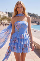 Laden Sie das Bild in den Galerie-Viewer, Gelbes, trägerloses, gestuftes, florales A-Line-Rüschen-Kurz-Homecoming-Kleid
