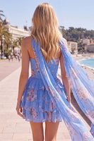 Laden Sie das Bild in den Galerie-Viewer, Gelbes, trägerloses, gestuftes, florales A-Line-Rüschen-Kurz-Homecoming-Kleid