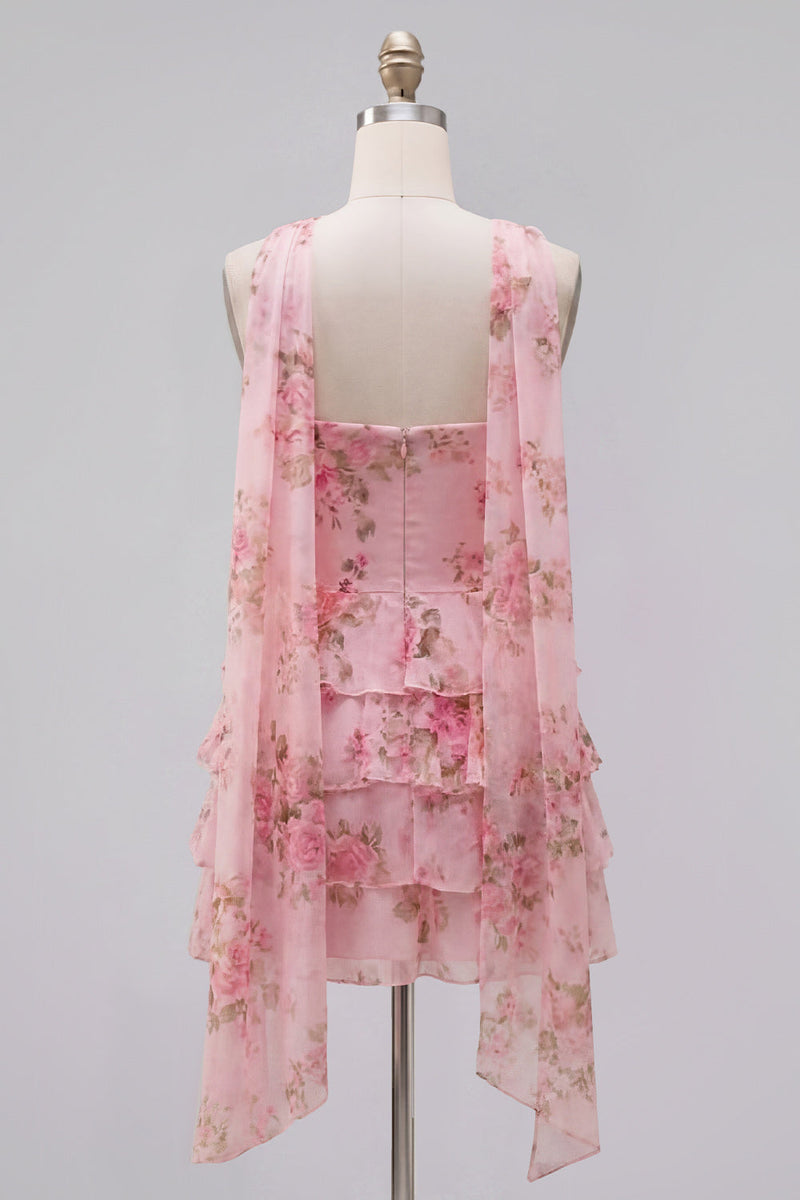 Laden Sie das Bild in den Galerie-Viewer, Gelbes, trägerloses, gestuftes, florales A-Line-Rüschen-Kurz-Homecoming-Kleid