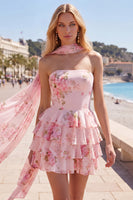 Laden Sie das Bild in den Galerie-Viewer, Gelbes, trägerloses, gestuftes, florales A-Line-Rüschen-Kurz-Homecoming-Kleid