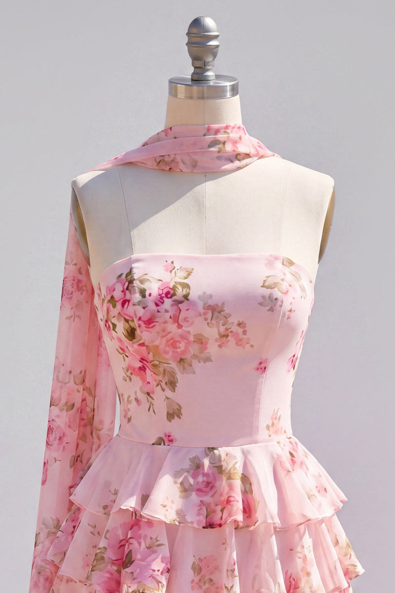 Laden Sie das Bild in den Galerie-Viewer, Gelbes, trägerloses, gestuftes, florales A-Line-Rüschen-Kurz-Homecoming-Kleid