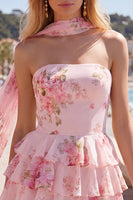Laden Sie das Bild in den Galerie-Viewer, Gelbes, trägerloses, gestuftes, florales A-Line-Rüschen-Kurz-Homecoming-Kleid
