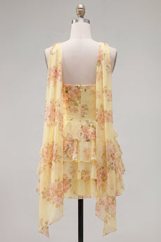 Gelbes Trägerloses Gestuftes Florales A-Linie Rüschen Kurzes Abendkleid