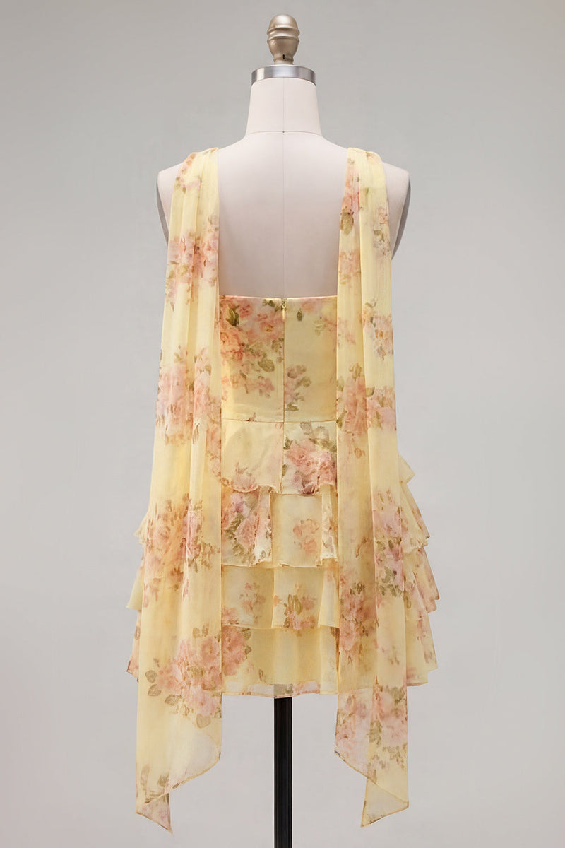 Laden Sie das Bild in den Galerie-Viewer, Gelbes, trägerloses, gestuftes, florales A-Line-Rüschen-Kurz-Homecoming-Kleid