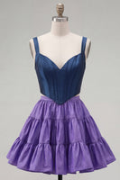 Laden Sie das Bild in den Galerie-Viewer, Rosa Fuchsia A-Linie Korsett 2-teilige dicke Träger Kurzes Homecoming-Kleid mit Rüschen