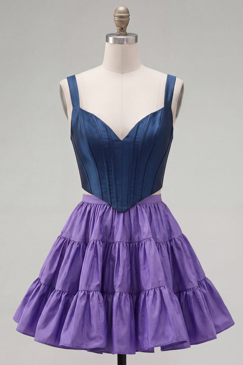 Laden Sie das Bild in den Galerie-Viewer, Rosa Fuchsia A-Linie Korsett 2-teilige dicke Träger Kurzes Homecoming-Kleid mit Rüschen