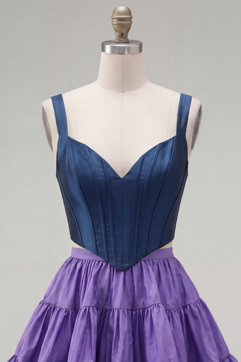 Laden Sie das Bild in den Galerie-Viewer, Rosa Fuchsia A-Linie Korsett 2-teilige dicke Träger Kurzes Homecoming-Kleid mit Rüschen