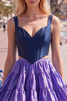 Laden Sie das Bild in den Galerie-Viewer, Rosa Fuchsia A-Linie Korsett 2-teilige dicke Träger Kurzes Homecoming-Kleid mit Rüschen