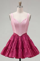Laden Sie das Bild in den Galerie-Viewer, Rosa Fuchsia A-Linie Korsett 2-teilige dicke Träger Kurzes Homecoming-Kleid mit Rüschen