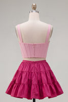 Laden Sie das Bild in den Galerie-Viewer, Rosa Fuchsia A-Linie Korsett 2-teilige dicke Träger Kurzes Homecoming-Kleid mit Rüschen