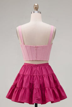 Rosa Fuchsia A-Linie Korsett 2-teilige Dicke Träger Kurzes Abendkleid mit Rüschen