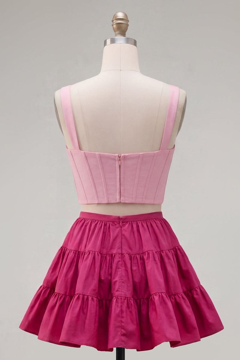 Laden Sie das Bild in den Galerie-Viewer, Rosa Fuchsia A-Linie Korsett 2-teilige dicke Träger Kurzes Homecoming-Kleid mit Rüschen