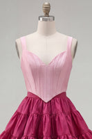 Laden Sie das Bild in den Galerie-Viewer, Rosa Fuchsia A-Linie Korsett 2-teilige dicke Träger Kurzes Homecoming-Kleid mit Rüschen