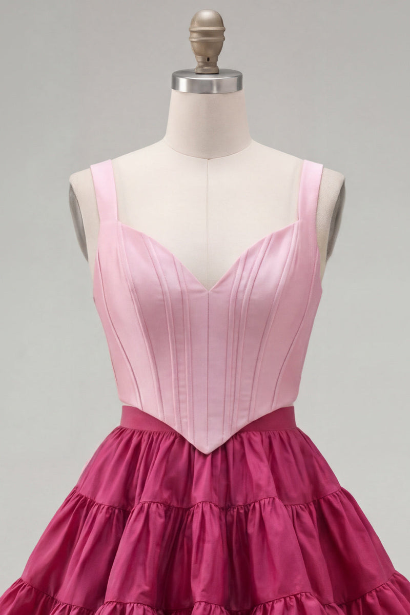 Laden Sie das Bild in den Galerie-Viewer, Rosa Fuchsia A-Linie Korsett 2-teilige dicke Träger Kurzes Homecoming-Kleid mit Rüschen