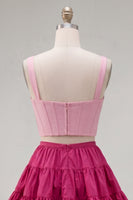 Laden Sie das Bild in den Galerie-Viewer, Rosa Fuchsia A-Linie Korsett 2-teilige dicke Träger Kurzes Homecoming-Kleid mit Rüschen