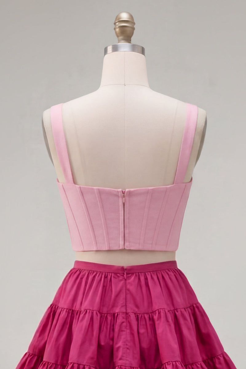 Laden Sie das Bild in den Galerie-Viewer, Rosa Fuchsia A-Linie Korsett 2-teilige dicke Träger Kurzes Homecoming-Kleid mit Rüschen