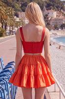 Laden Sie das Bild in den Galerie-Viewer, Rosa Fuchsia A-Linie Korsett 2-teilige dicke Träger Kurzes Homecoming-Kleid mit Rüschen